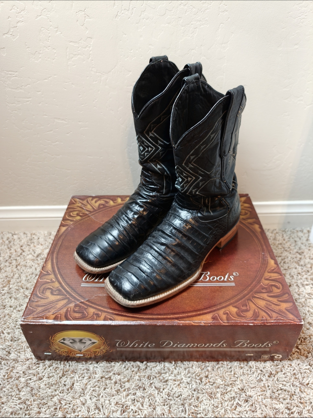 White Diamond Boots Men's Black Leather Western Boots Rodeo Bulldog Coco Belly